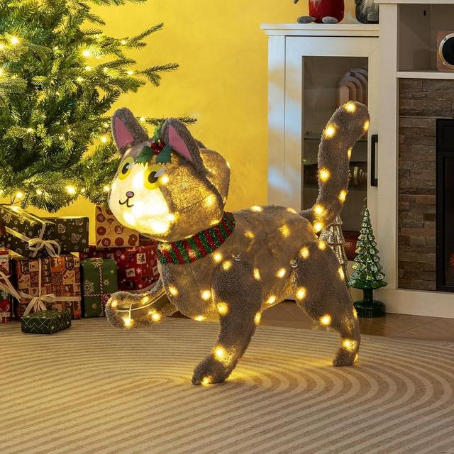 Goplus Lighted Christmas Cat, Indoor Outdoor Kitty Decoration w/ 88 LED Lights, 4 Ground Stakes, Cable Tiers, Weather-Resistant Fabric, Light up Animal Decoration for Yard Patio Lawn Garden Party