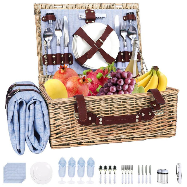 Picnic Baskets Wicker Willow Picnic Set for 4 Persons with Insulated Cooler Bag and Waterproof Blue Picnic Blanket Gift for Christmas Thanksgiving Wedding Birthday Camp Outdoor Beach Travel