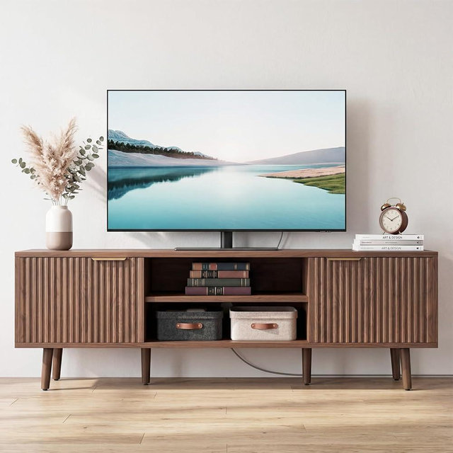 Granper 58" TV Stand for TVs up to 65 Inches, Mid Century Modern TV Console with Fluted Doors, Adjustable Shelf & Cable Management, Wooden Entertainment Center for Living Room, Bedroom (Walnut)