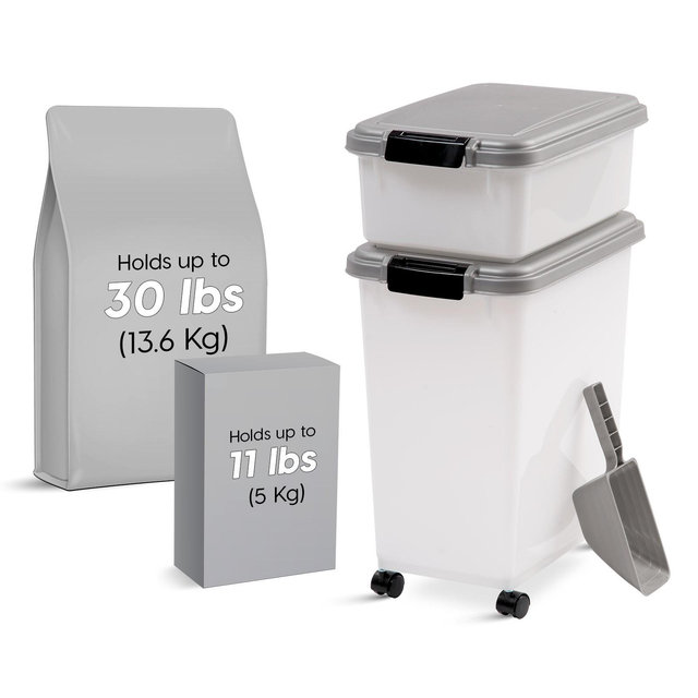 IRIS USA 30 lbs & 11 lbs Combo Airtight Dog Food Storage Container, Stackable Treat Box, 2-Cup Scoop, Casters, Keep Fresh, Easy Mobility, Chrome