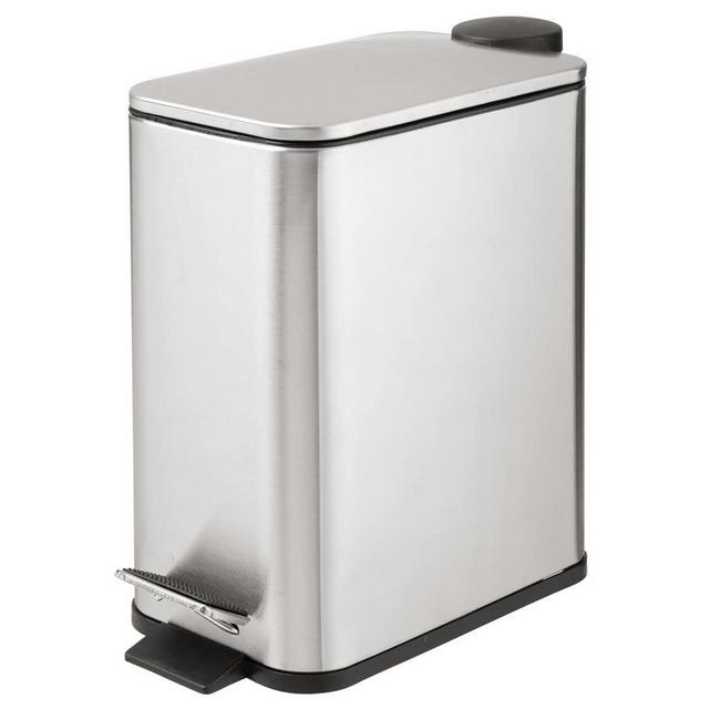 mDesign 1.3 Gallon Rectangular Slim Metal Trash Can w/Foot Pedal, Easy-Close Lid, Narrow Wastebasket, Garbage Container Bin - Bathroom, Bedroom, Kitchen, Office - with Liner- Brushed Stainless Steel
