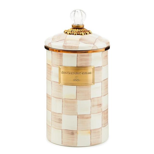 MACKENZIE-CHILDS Large Enamel Canister, Kitchen Storage Container with Lid, Brown-and-White Mocha Check