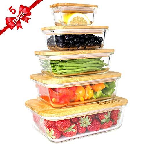 Urban Green Glass Bamboo Lids, Meal Prep Containers Food storage, 5 Pack, Pantry Kitchen Fridge Cabinet Organizer, Lunch box, Butter Dish, Microwave Oven,