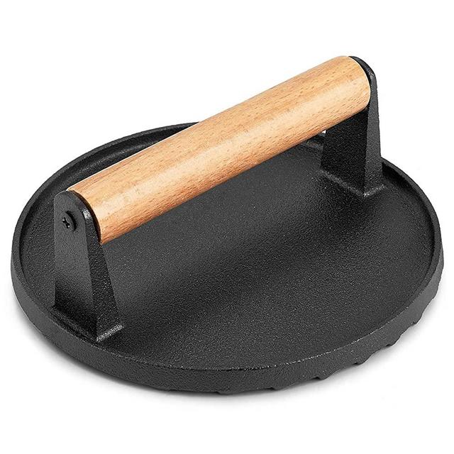 HaSteeL Single Cast Iron Grill Press, Heavy Duty 7In Bacon Burger Press with Wooden Handle, Pre-Seasoned Steak Press Great for Flat Top Griddle Teppanyaki BBQ Grilling Cooking Indoor & Outdoor