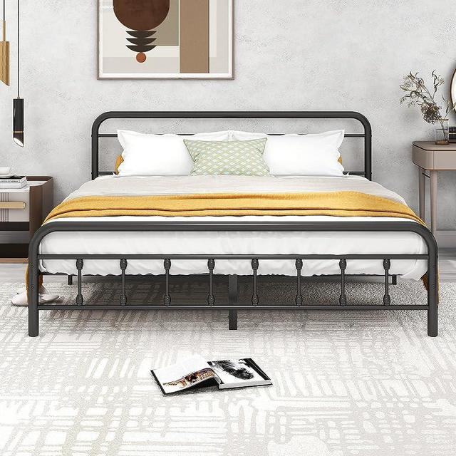 Diolong King Size Bed Frame with Headboard, Metal Victorian Style Bed Frame No Box Spring Needed/Heavy Duty/Steel Slat Support Mattress Foundation/Easy Assembly/Black