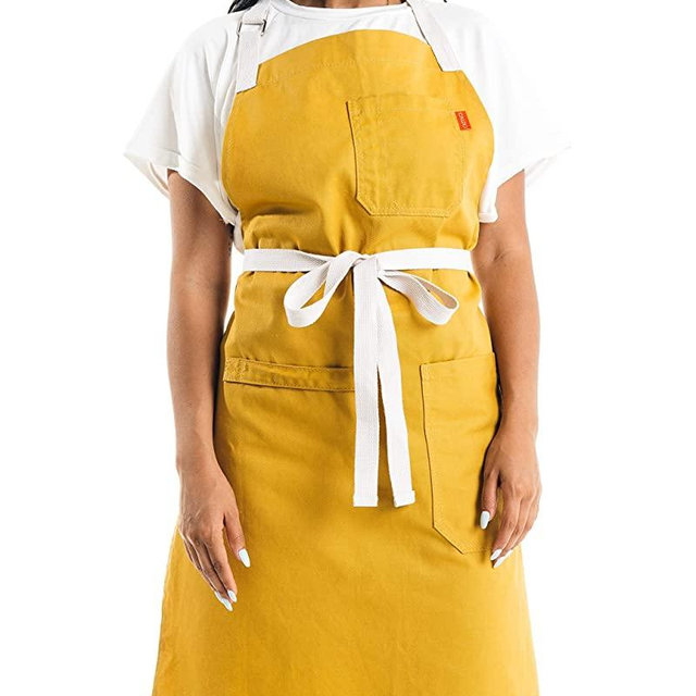 Caldo Daily Cotton Kitchen Apron for Cooking- Mens and Womens Professional Chef or Server Bib Apron - Adjustable Straps with Pockets and Towel Loop (Mustard)
