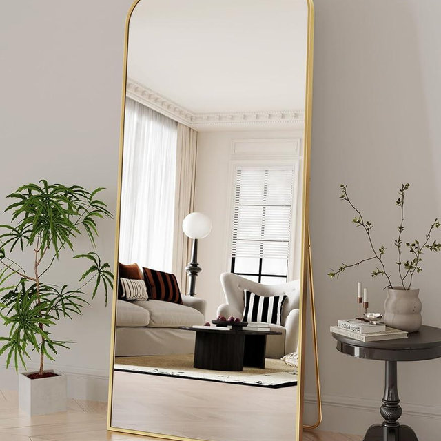Koonmi Full Length Mirror, 65"x24" Mirror Full Length with Stand, Gold Domed Top Square-Edged Floor Mirror with Aluminum Alloy Frame for Bedroom Living Room