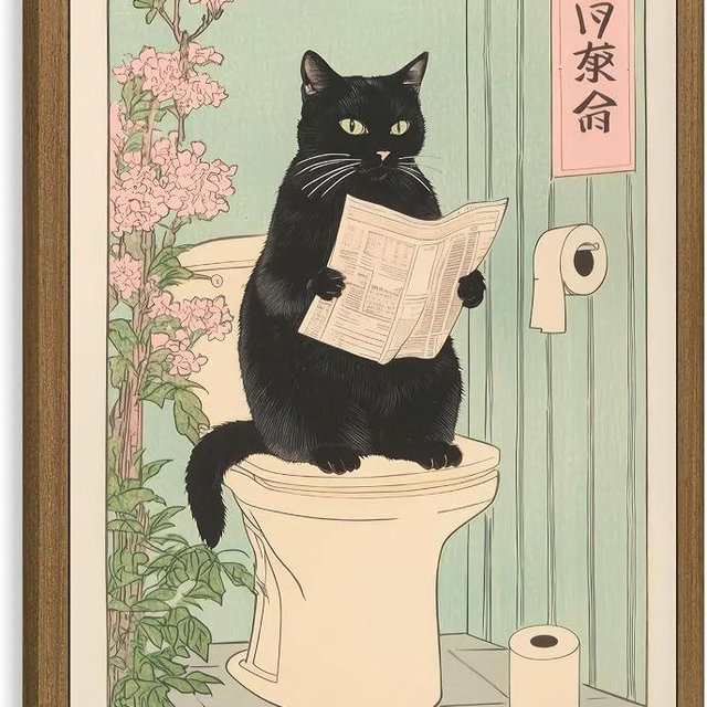 Japanese Cat Wooden Framed Wall Art, On the toilet Black Funny Cat on Toilet Wall Decor picture,Japanese Cat Bathroom Painting Prints, for Toilet Restroom Bathroom Home 8x10 Inch