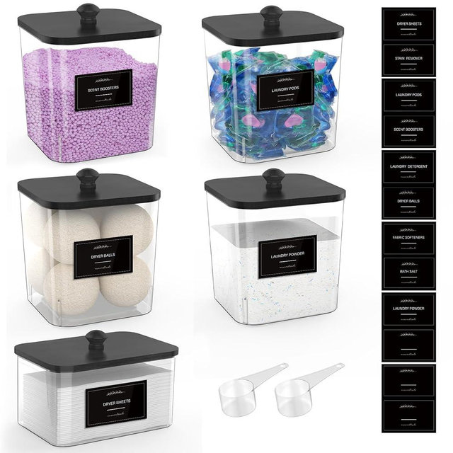 COAZEX 4+1 Pack Clear Laundry Pods Container & Dryer Sheet Holder, Plastic Square Laundry Room Organization and Storage Jars with Black Lids, Scoops & Labels for Detergent, Powder, Dryer Balls