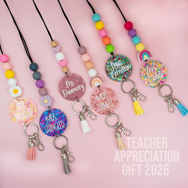Rainbow Glitter Lanyard - Personalized Lanyard for Keys or ID Badge - Beaded Lanyard - Teacher Lanyard with Name - Sparkly Teacher Lanyard