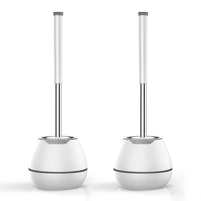 BOOMJOY Toilet Brush 2 PACKS, Toilet Bowl Brush with Holder, Silicone Toilet Brush Set Cleaner, Bathroom Cleaning Kit with Tweezers - White