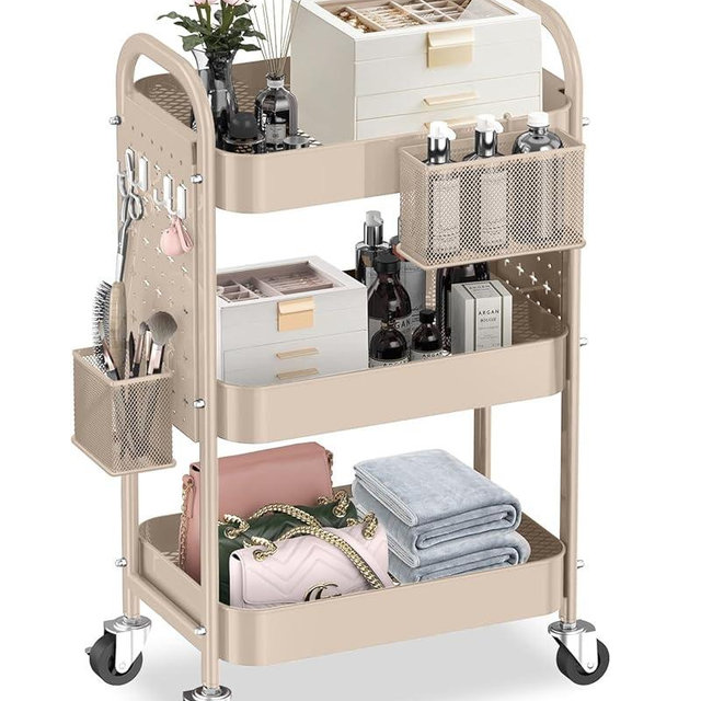 ALVOROG 3 Tier Rolling Cart with DIY Pegboards Metal Utility Cart with Wheels Handles Baskets Hooks, Craft Cart for Office Kitchen Bathroom(Khaki)