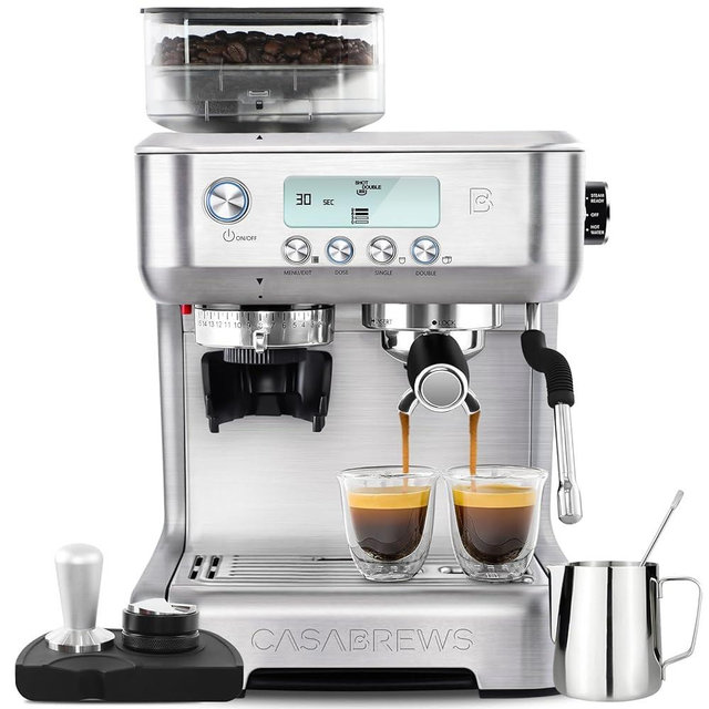 CASABREWS Espresso Machine with Grinder, Professional Coffee Maker with Milk Frother Steam Wand, Barista-Quality Cappuccino Latte Machine with LCD Display, Great for Coffee Enthusiasts