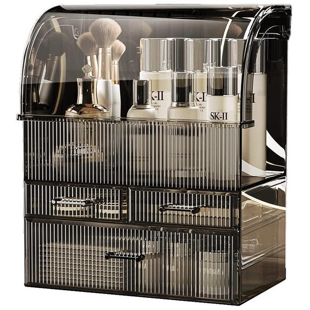 MOOCHI Translucent Black Stripes Pattern Professional Large Cosmetic Makeup Organizer Dust Water Proof Cosmetics Storage Display Case with Drawers