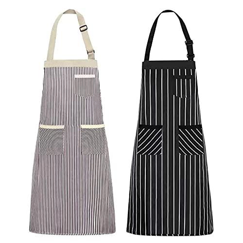 2 Pack Kitchen Cooking Aprons, Adjustable Bib Soft Chef Apron with 2 Pockets for Men Women (Brown/Black)