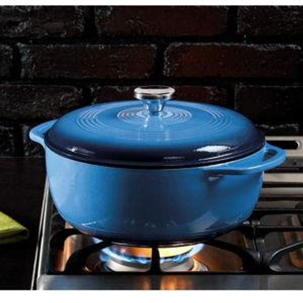 Lodge 6 Quart Enameled Cast Iron Dutch Oven with Lid – Dual Handles – Oven Safe up to 500° F or on Stovetop - Use to Marinate, Cook, Bake, Refrigerate and Serve – Blue