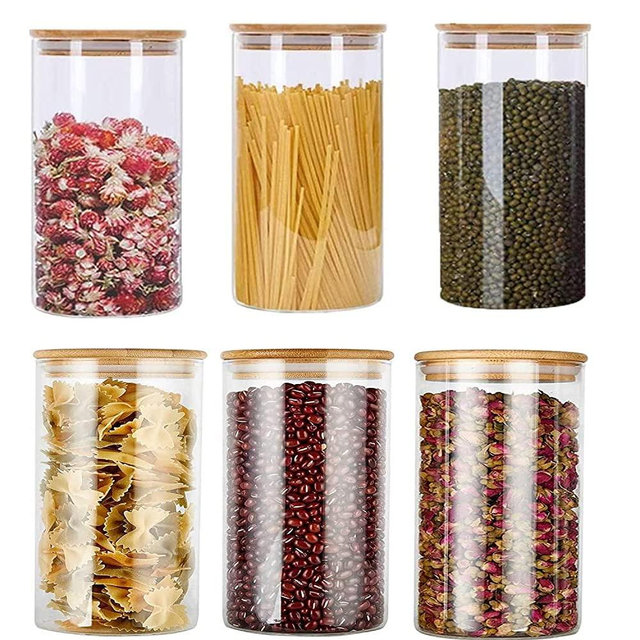Glass Food Storage Jars Containers, Glass Storage Jar with Airtight Bamboo Lids Set of 6 Kitchen Glass Canisters For Coffee, Flour, Sugar, Candy, Cookie, Spice and More