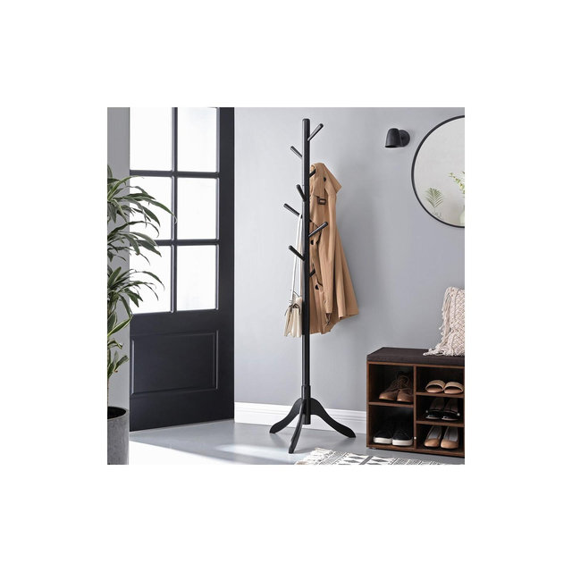 VASAGLE Solid Wood Coat Rack, Free Standing Coat Rack, Tree-Shaped Coat Rack with 8 Hooks, 3 Height Options, for Clothes, Hats, Black