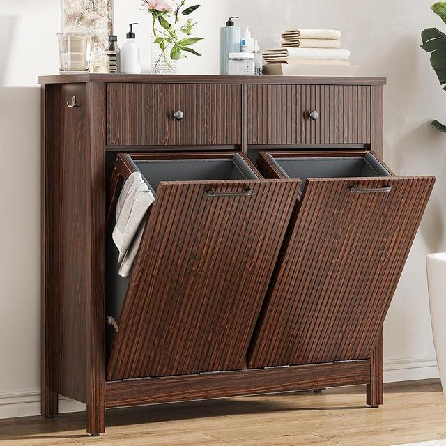 Airynee Double Tilt-Out Laundry Hamper Cabinet with 2 Drawers, 20 Gallon Fluted Trash Can Cabinet with Laundry Basket, Hidden Wood Garbage Can Bin Cabinets for Bathroom & Kitchen, Brown
