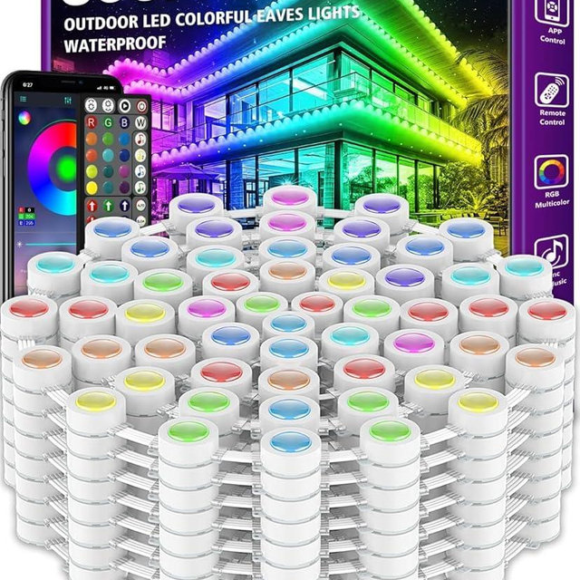 500FT Permanent Outdoor RGB Lights - IP67 Waterproof with Smart App Control Remote, DIY Scene Modes, Music Synchronization, Eaves Lights for Garden Decor, Deck, Christmas, Party, Party, Halloween,Roof