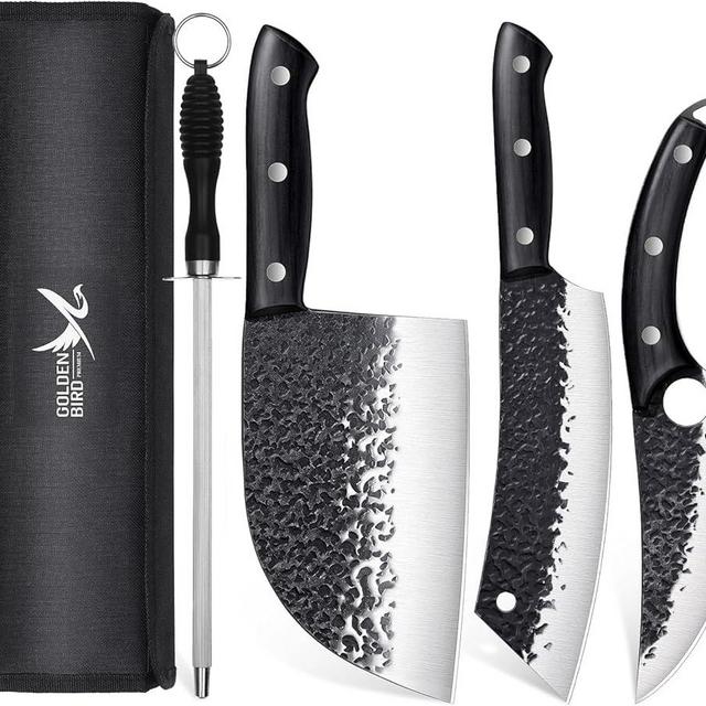 Golden Bird Butcher Knife Set - 4pcs Hand Forged Meat Cleaver Knife & Serbian Chef Knife & Sharp Viking Knife for Meat Cutting, Camping, BBQ, Men's Birthday Gift