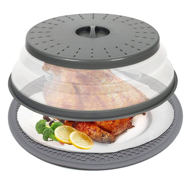10.5" Microwave Splatter Cover for Food with 10" Mat, Collapsible & Vented Silicone Splatter Guard Lid with Handle Kitchen Gadget, Grey