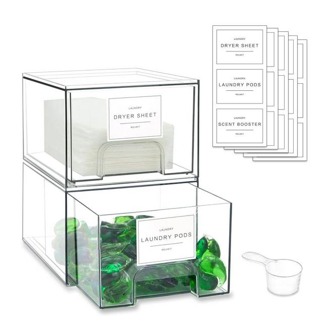 Laundry Room Organization Storage Drawer with Labels, Dryer Sheet Holder, Laundry Pod Containers, Laundry Detergent Dispenser, Clear Stackable Drawers for Laundry Room Organizing Decor (4 pack)