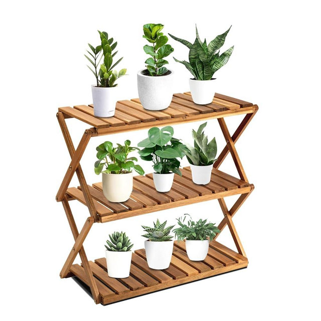 BEEFURNI Plant Stand Indoor Outdoor, Wooden Plant Stands for Indoor Plants Multiple, Folding 3 Tier Plant Stand for Flower Pots, Outdoor Plants Flower Stand for Living Room, Balcony, Garden, Patio