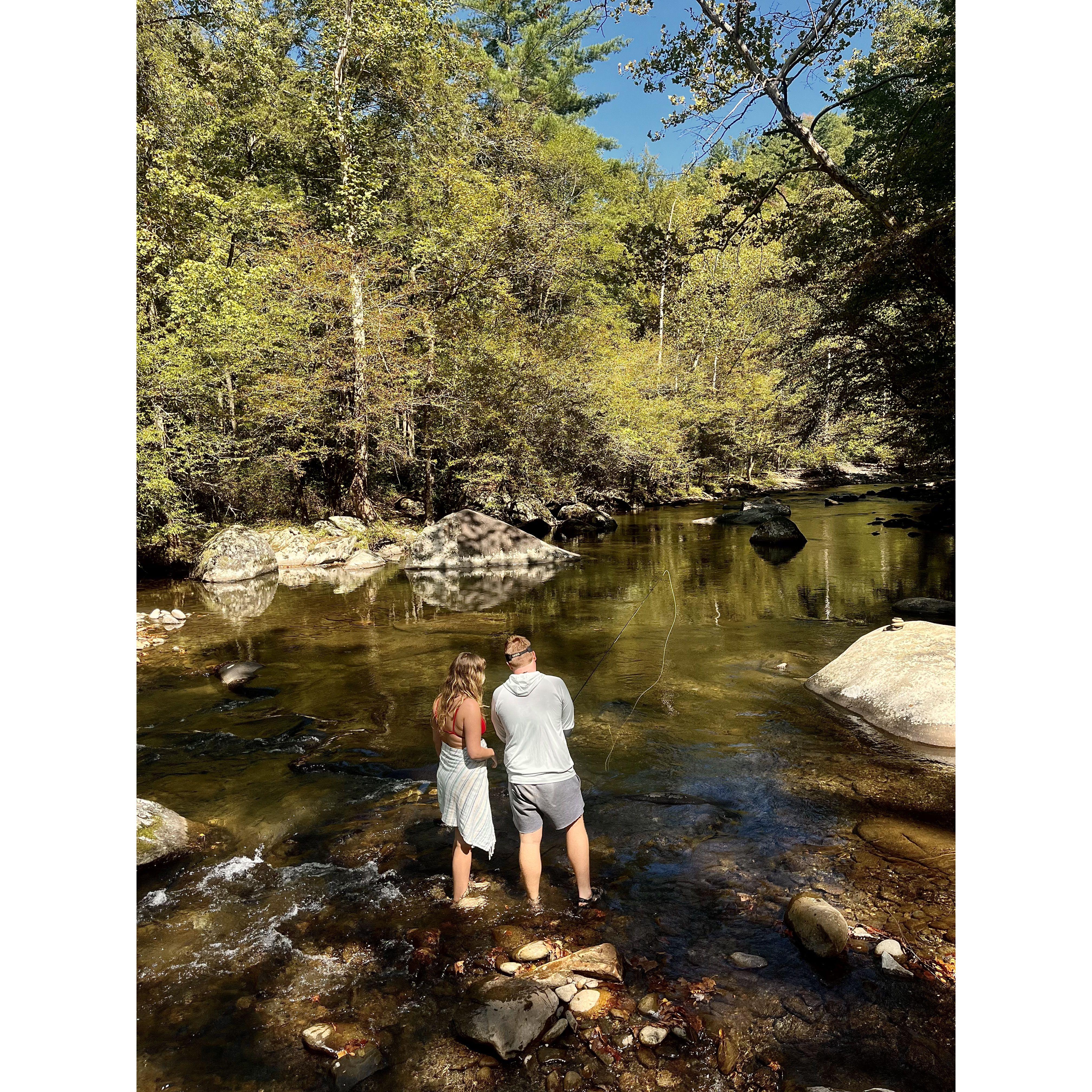 Showing Shelby how to fly fish
