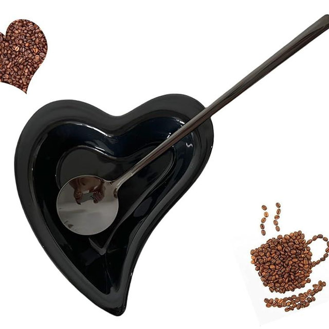 Coffee & Tea Spoon and Rest Set for Coffee Bar Accessories, Heart Cute Mini & Small Coffee Spoon Rest & Holder for Coffee Station & Bar, Teaspoon Rest & Holder (Black Rest with Black Spoon)