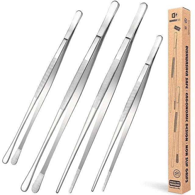 4 Pcs Kitchen Fine Tweezer Tongs, 12'' and 10'' Stainless Steel Food Tweezers Set, Professional Kitchen Long Tweezer for Cooking, Repairing, Sea food and BBQ