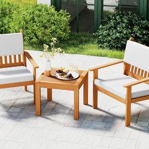 FDW 3-Piece Patio Furniture Set Acacia Wood Patio Bistro Set Outdoor Chat Conversation Table Chair Set Wood Chat Set with Water Resistant Cushions and Coffee Table Chairs for Beach Backyard Garden