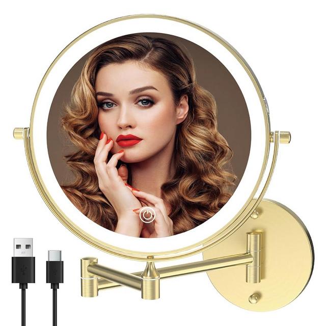 MIROAMZ Rechargeable Wall Mounted Lighted Makeup Vanity Mirror 8 Inch Double Sided 1X 10X Magnifying Bathroom Mirror, 3 Color Lighting, Touch Screen Dimming, 360 Rotation Shaving Mirror Gold