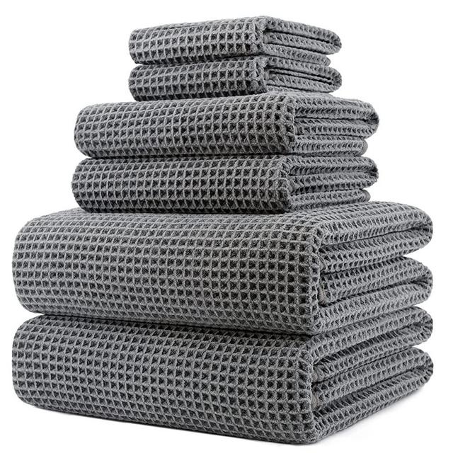 Polyte Oversize, 60 x 30 in., Quick Dry Lint Free Microfiber Bath Towel Set, 6 Piece (Gray, Waffle Weave)