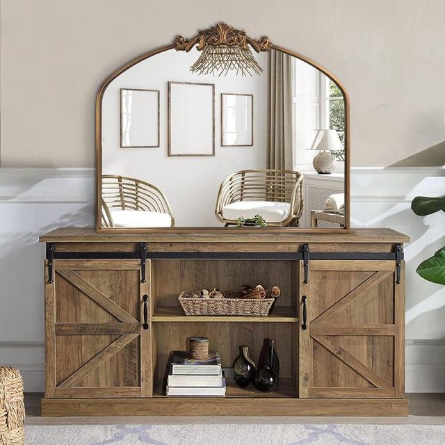 HQiJun Wall Mirror Window Decorative Traditional Mirrors Antique Arched Farmhouse for Living Room Bedroom Entryway Bathroom Vanity (30 * 36 * 1.2, Gold)