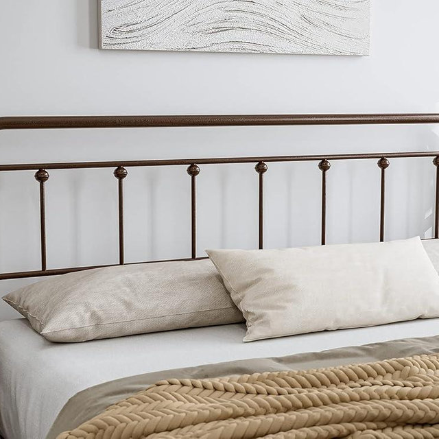 IKIFLY Metal King Size Headboard, Adjustable Height, Farmhouse Victorian Style, Easy Assembly, Steel Headboard Only for Bedroom, Brown/King
