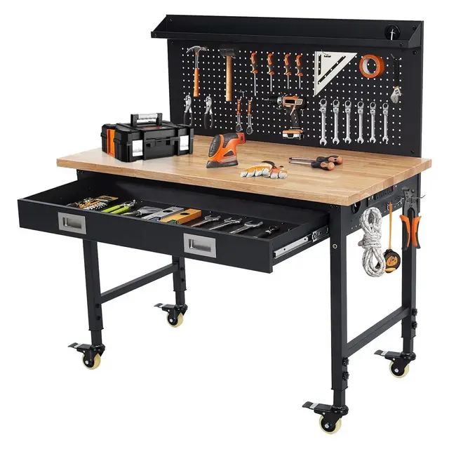 48" x 24" Adjustable Height Workbench – Heavy Duty Rubber Wood Top, Tool Storage, Pegboard, Power Outlets, Lockable Wheels, Drawer Back Light Strip