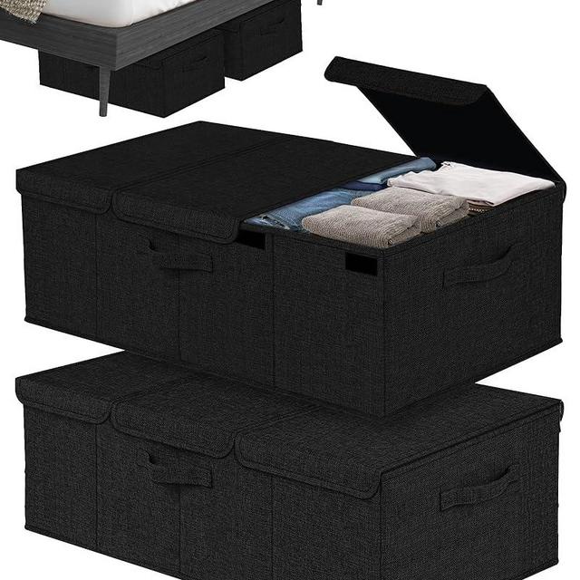 Hoyula Deep Under Bed Storage Container, 2 Pack 10" High 31" Long Large Underbed Box Storage Bins with Lids and Hard Bottom, for Closet, Bedroom, Dorms, Clothes, Bed sheets, blankets, Black
