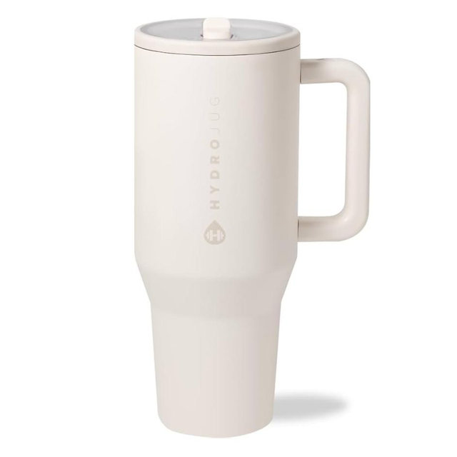 HydroJug Traveler - 40 oz Water Bottle with Handle & Flip Straw - Fits in Cup Holder, Leak Resistant Tumbler-Reusable Insulated Stainless Steel & Rubber Base - Gifts for Women & Men, Cream
