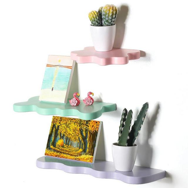 Geetery 3 Pcs Wavy Floating Shelves 3 Size Cute Cloud Shelves Kawaii Danish Room Decor Funky Squiggle Wall Shelf Preppy Book Shelf for Wall Bedroom Bathroom Living Room Display (Pink, Green, Purple)