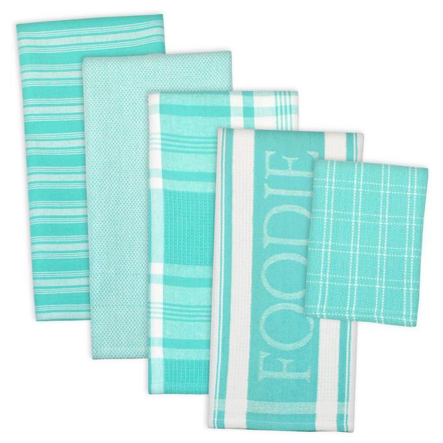 DII Assorted Decorative Kitchen Dish Towels & Dish Cloth Foodie Set, Ultra Absorbent for Washing and Drying (Towels 18x28&quot; & Cloths 13x13&quot;) Aqua, Set of 5