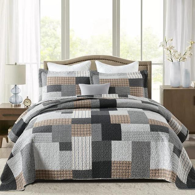 Y-PLWOMEN Quilt King Size - 3 Piece Cotton Quilts Lightweight Bedspreads Farmhouse Plaid King Size Quilt Cozy Reversible Quilt Bedding Set All Season, Grey Black Brown White