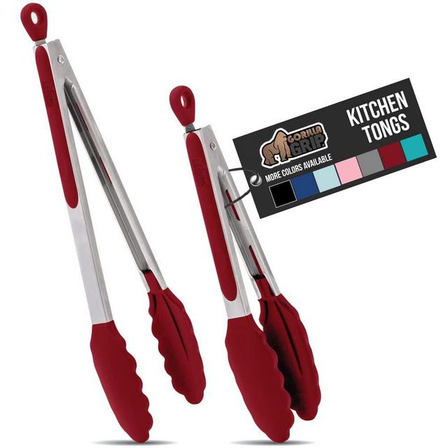 Gorilla Grip Stainless Steel Silicone Tongs for Cooking, Set of 2, Includes 7 and 9 Inch Locking Kitchen Tong, Heat Resistant Tip, Strong Grip for Large Meat, Perfect for Nonstick Pans and BBQ, Red