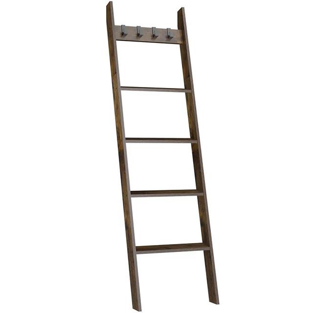 IBUYKE 5-Tier Blanket Ladder Shelf,Ladder Rack for Storage and Decor,Wooden Blanket Holder with Hooks,Easy Assembly for Bedroom,Rustic Brown TTR006H