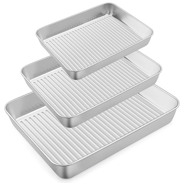 Baking Pans Set of 3, E-far Stainless Steel Sheet Cake Pan for Oven - 12.5/10.5/9.4Inch, Rectangle Textured Pan Tray Set for Lasagna Brownie Casserole Cookie, Non-toxic & Healthy, Dishwasher Safe