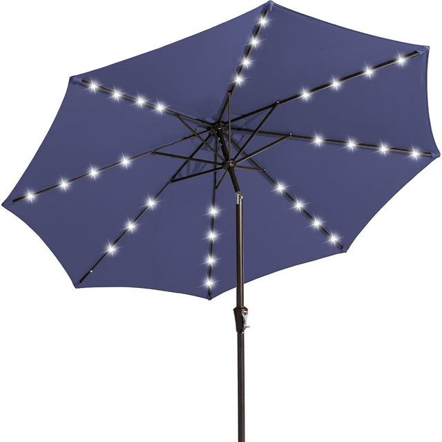 JEAREY 9FT Outdoor Patio Umbrella with Solar Lights, LED Lighted Pool Umbrella with Tilt and Crank, Outdoor Table Umbrellas for Deck, Yard & Market (Navy Blue)