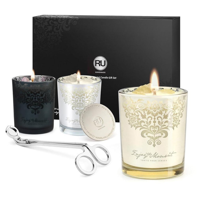 Luxury Scented Candles Gift Set – 3 Crystal Soy & Beeswax Aromatherapy Candle with Snuffer Lid & Wick Trimmer,7oz/each | Floral & Citrus Scents, Candle for Women, candles for home Scented & Relaxation