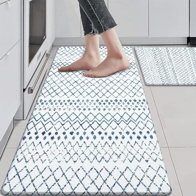 KIMODE Kitchen Mats 2PCS,Cushioned Anti Fatigue Boho Kitchen Rugs and Mats,Non Slip Waterproof Kitchen Mats for Floor,Comfort Foam Standing Desk Mat for Home,Office,Sink,Laundry,Blue and White