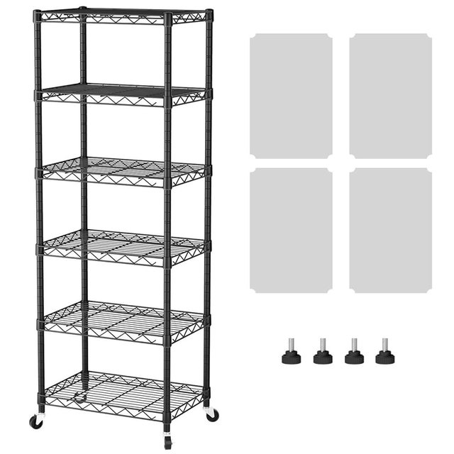 SINGAYE 6 Small Shelf Storage Wire Shelves Closet Bathroom Organizers Metal Pantry Kitchen Garage Shelving Unit Laundry Room Organization Home Narrow Rack Net Basket with Wheels Black