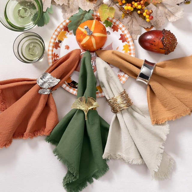 DeZerlor 12 Pack Mixed Thanksgiving Color Cotton Linen Napkins With Fringe - Fall Cloth Set of 12 Boho Handmade Dinner Bulk for Wedding Fall Dining Table, 17 x 17